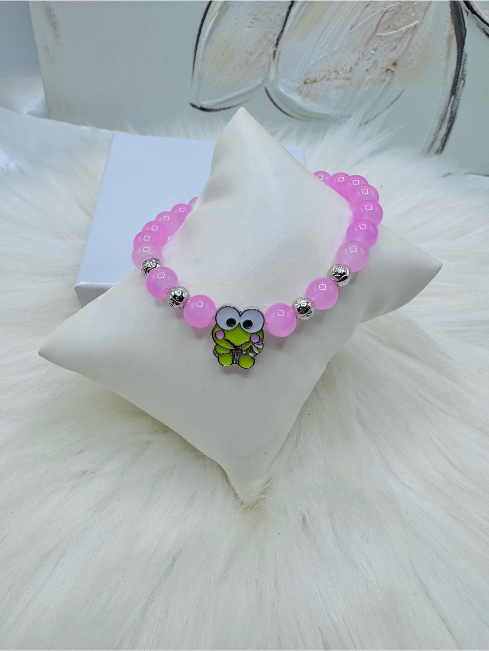Cute Pink Adjustable Beaded Keroppi Charm Bracelet